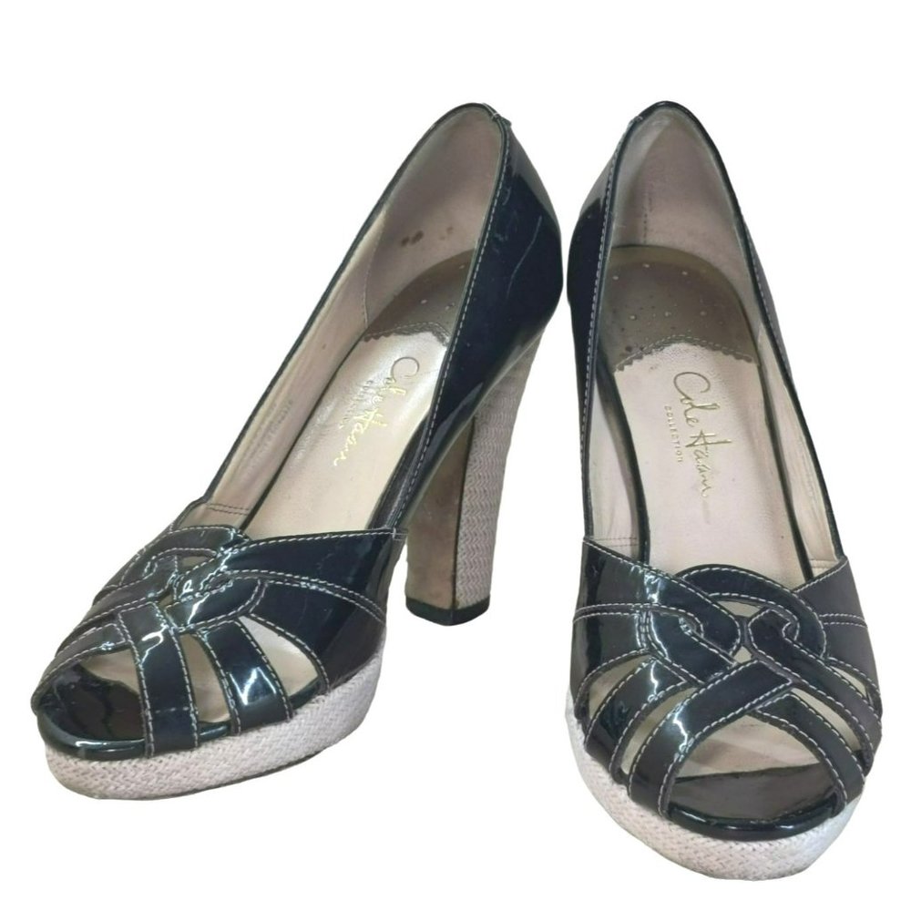 Cole Haan by Nike Black Patent Leather Peep Toe Pump Woven Heel
